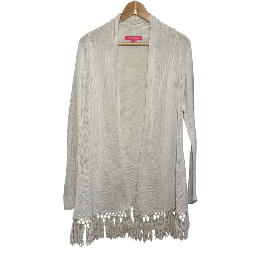 Lilly Pulitzer White Cotton Blend Open Front Fringe Hem Cardigan Sweater Small